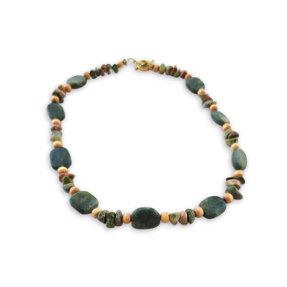 Handmade Gem Stone Beaded Artisan Necklace Nephrite & Unakite Green Choker Boho